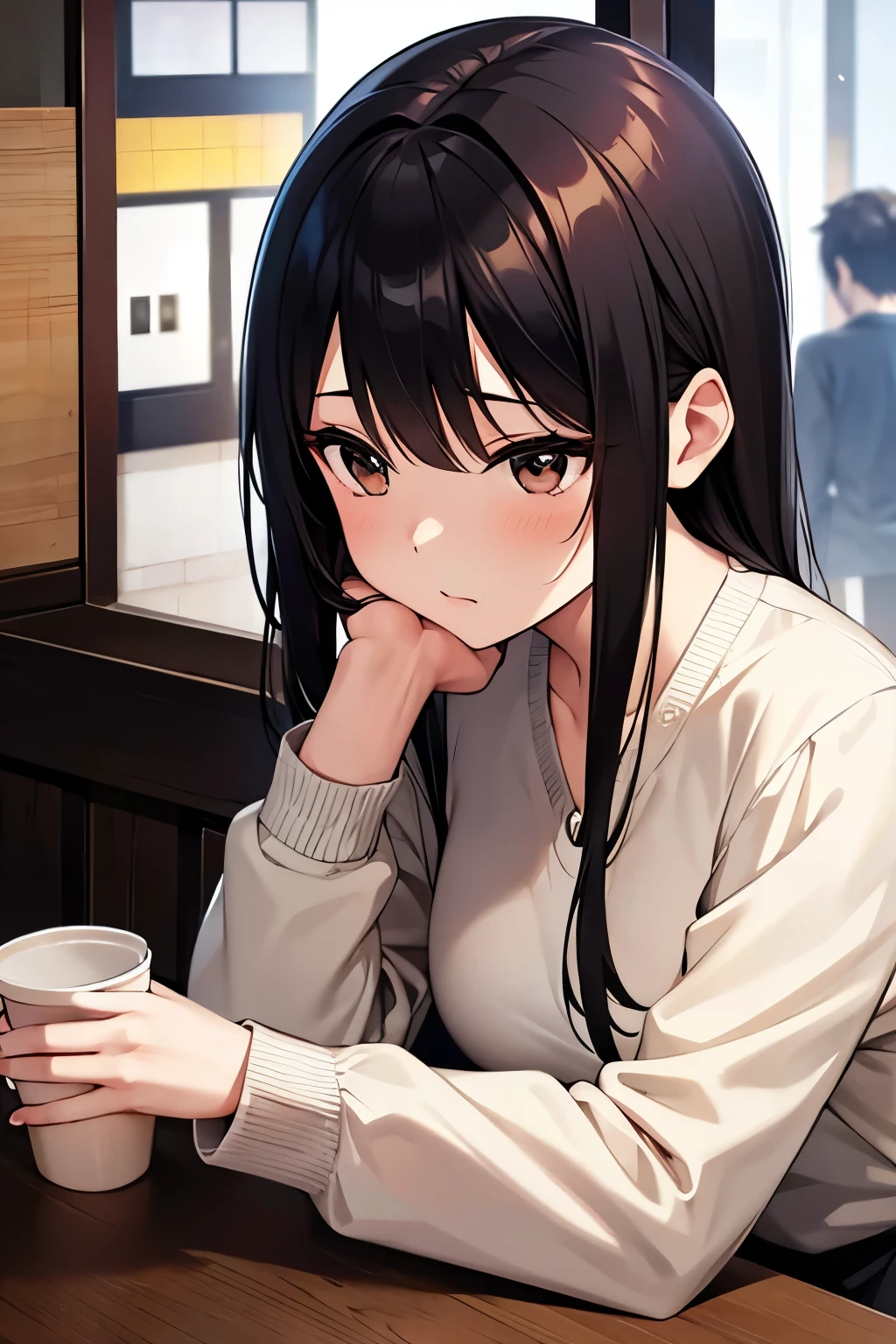 A Japanese girl gazing at the man she likes while holding a cup of coffee in a cafe