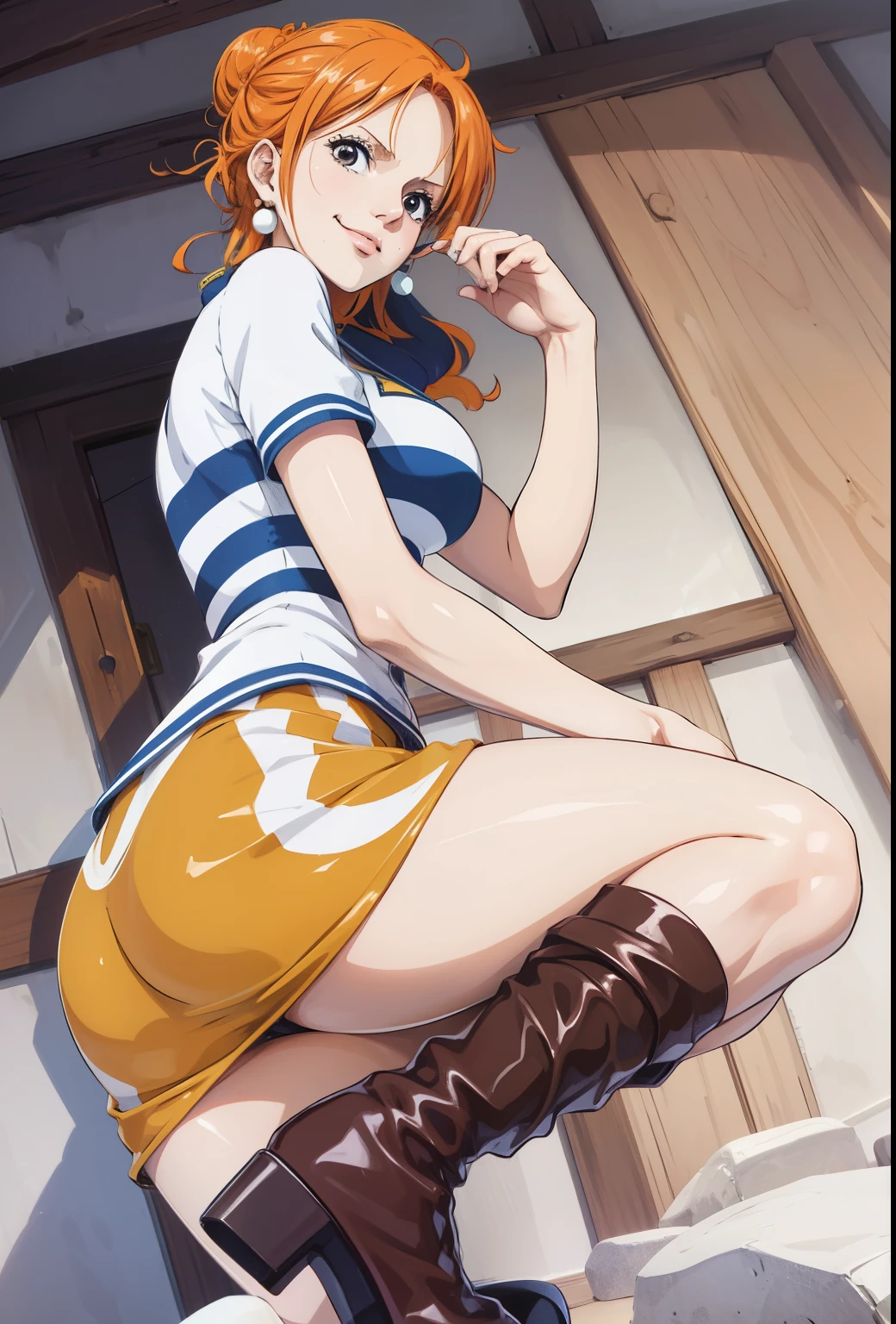 NamiFinal, nami fazer anime one piece, hair orange, bangss, hair in a bun, appealing, appealing woman, perfectbody, perfectly shaped breasts, vestindo um quimono, wearing earrings, Wearing a watch, in park, cherry tree, traditional house japan, gazing at viewer, slightly-smile, 真实感, Artwork, textured leather, super verbose, high détail, high qualiy, best quality, 1080P, 16K