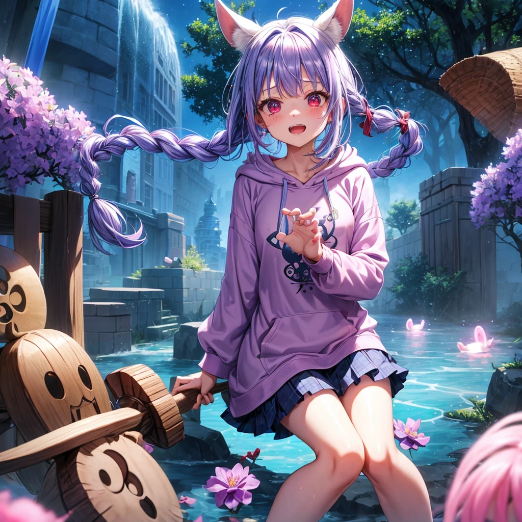 Blue-light purple hair、Red eyes、Braid、One cute girl、solo、And soul、Light clothing、Checked mini skirt、petal、Wet hair、black t-shirts、Rabbit Hoodie、large tree、cloud、Red full moon、desert、barefoot、Stones are piled up、Teeth are visible、Secret Treasure、Fortress City、Tilting face、Riding a bicycle