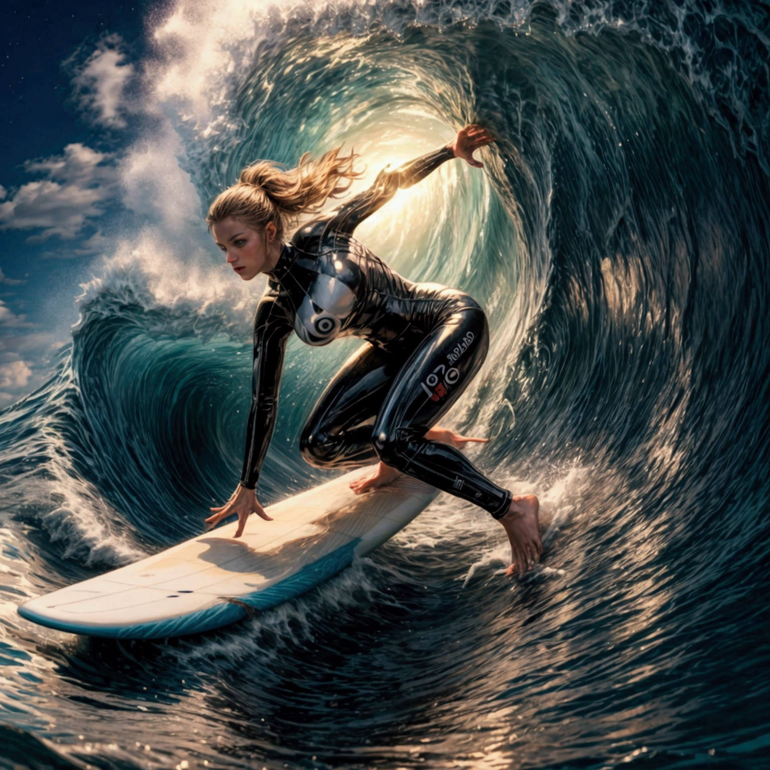 Hawaii Islands North Shore,
(In the midst of big waves rolling around the tube１Surfer riding a wave on a surfboard:1.3),
Green Room,A supreme moment,dusk,Beautiful light shining,
(Surfer close up:1.2),
Cinematic light effects,Dynamic configuration,
Super detailed,Detailed face,Detailed Hair,Detailed eyes,Detailed mouth,
reality,Actual photo,Photorealistic,
masterpiece,Highest quality,High resolution,Ray Tracing,8k,Raw photo,Award-winning,
beautiful,Browsing Caution,Perfect ,Perfect Anatomy,
Perfect Fingers,
