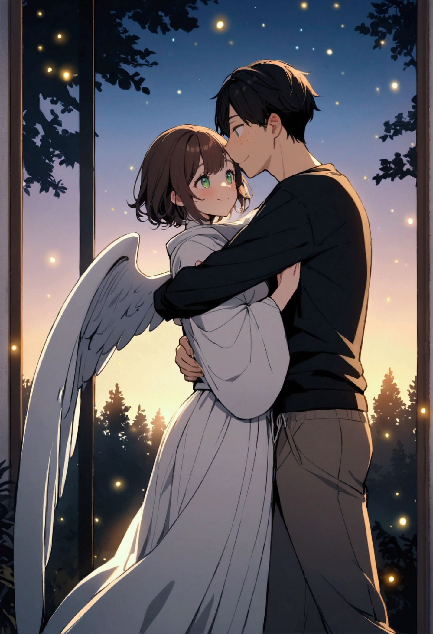 a girl and a boy, The girl has wavy brown hair, wearing wrapped white chiton and brown shorts, green eyes, freckles on the face, huge white wings on his back, hugging the boy, The boy has black hair and violet eyes, wearing black sweatshirt and gray pants., they are very hugged, dancing, smiling, intimate, cozy, 8k, masterpiece, forest, evening, Fireflies