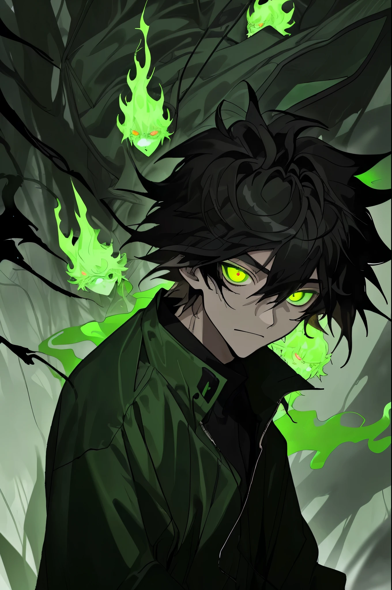 1male, black hair, messy hair, glowing green eyes, calm expression, black baggy windbreaker, foggy forest background, green spirits surrounding