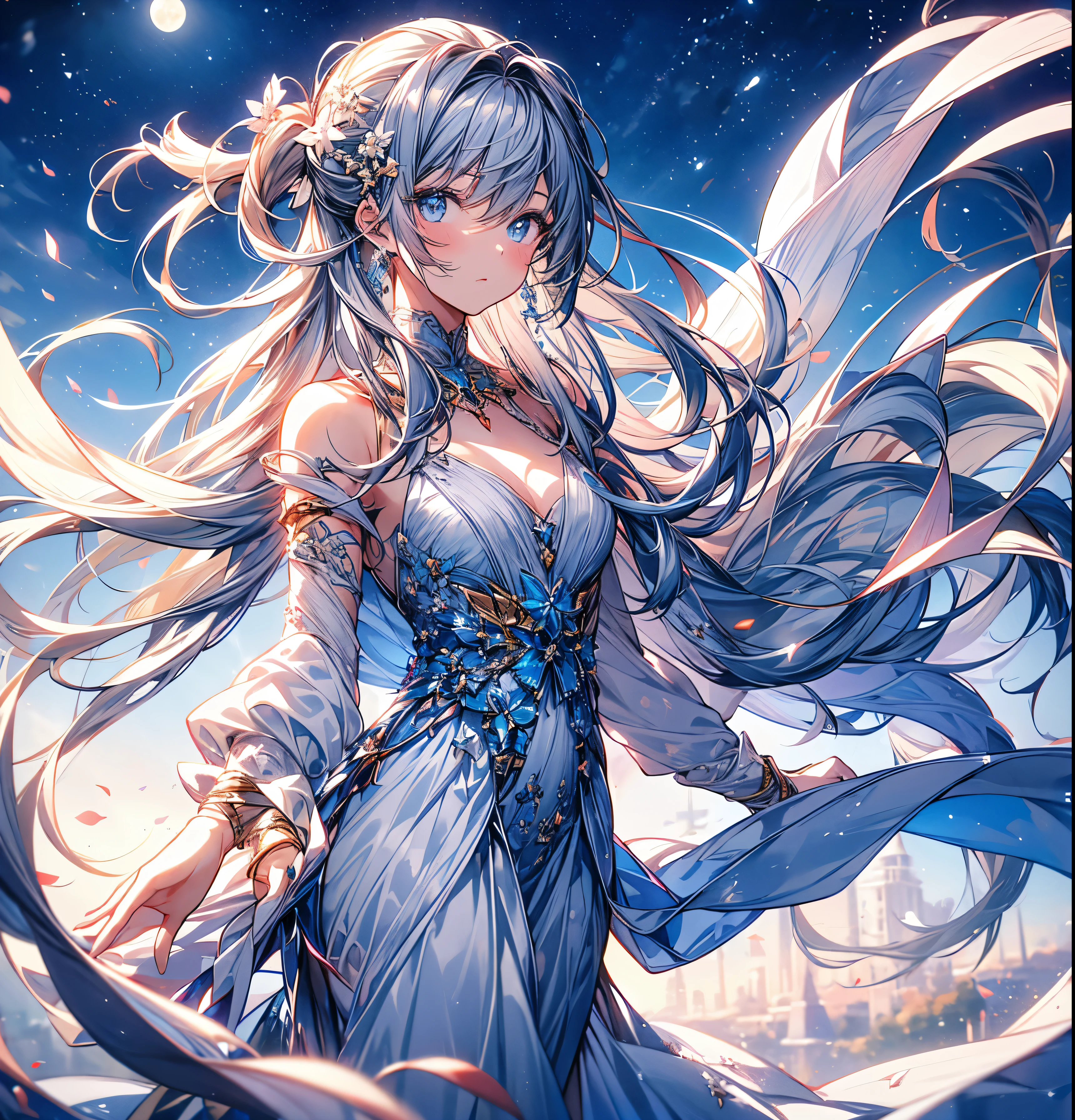 work of art, (highest quallity: 1.2), (very well: 1.2), 人物, (Very delicate and beautiful: 1.2), Film Angle, floating, (Beautiful detailing: 1.1), (detailed light: 1.1), Film light, Delicate Sky, Woman, gray hair, blue colored eyes, (high ponytail: 1.1), cape, glare eyes, (moonligh: 1.2), (moonlighlight: 1.1), starry sky, (light particles: 1.1), fog , snow painting, outline, flowering,virado para a frente
