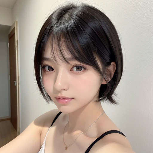 20-year-old women、Japanese、Beauty、The eyes are double、one piece、White Background、Beautiful Skin、Glossy Lips、Black short hair、whole body、Selfie