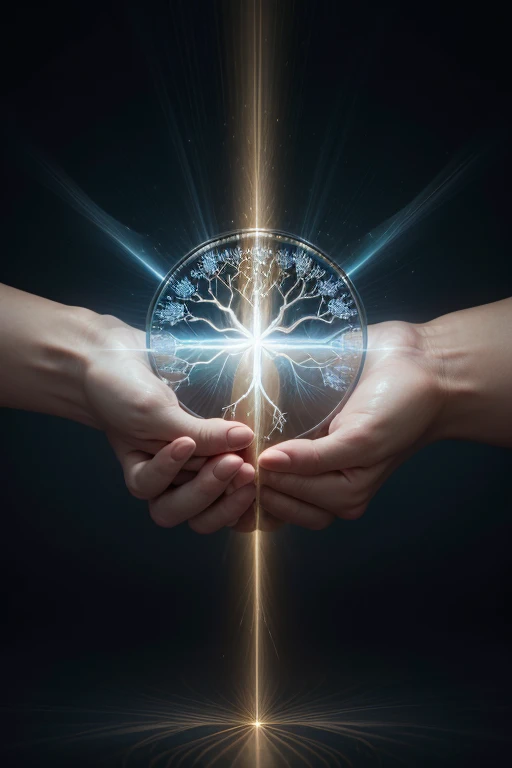 Book cover, ethereal background in shades of blue and gold, conveying a sense of peace and spirituality, central figure or symbolic symbol like a tree of life, radiating light and energy, 3D texture, realistic, subtle images of hands in prayer position, gentle rays of light emanating from a central point --ar 2:3 --s 500 --v 6.0 --style raw