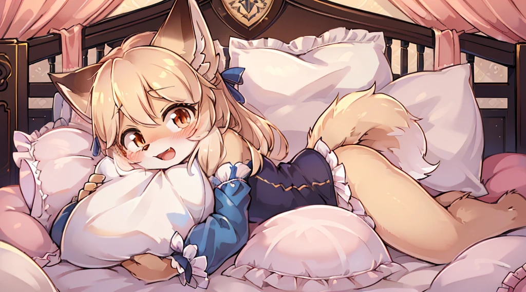 （masterpiece，best quality），mine, The Beast, , (Light and shadow suitable for any Pillow background））, 穿着Cheerleading服的可爱女孩在Pillow上摆姿势,Lace pajamas，Cheerleading，nature,, (blush),a smile，Pillow,（Lots of Pillow），Soft cushion，（canopy bed），（Pillow），Lots of Pillow，（Friction in the crotch），（（Pillow Hump）），（A tail），（Around the protagonist），steam，（Pillow），（Luxury Pillow），（Palace Pillow Pattern Pillow），（palace），（Palace bedroom），（Gorgeous Pattern Pillow），Soft Pillow，，（Classical European style bedroom ），（excited，shy person，Lack of expressiveness，），pillow hump,Fox Girl，(Deluxe Rococo Canopy King Bed),Luxurious curtains with ornate ruffles and ribbons hang around the large bed.,((((The bed is piled with many Pillows)))),Quilt details,Detailed bed linen,Ruffled Bed Skirt,Deep Bed,Background with depth,((Pillow in detail)), ((((A Lot of Pillow))))，,，Detailed Soft Pillow,,((女孩正躺在许多Soft Pillow上,There are many Pillows around))，、、In a large canopy bed、Soft sheets and quilts、Colorful soft Pillow、Lots of Ruffled Pillows and Ruffled Bed Skirts、Soft toned bed、Ruffled curtains around the bed.。Delicate face，（Gorgeous pattern pillow），Soft pillows，，（Classical European style bedroom ），（excited，Opened his mouth，Shy，），ifox girl，Lace pantyhose，