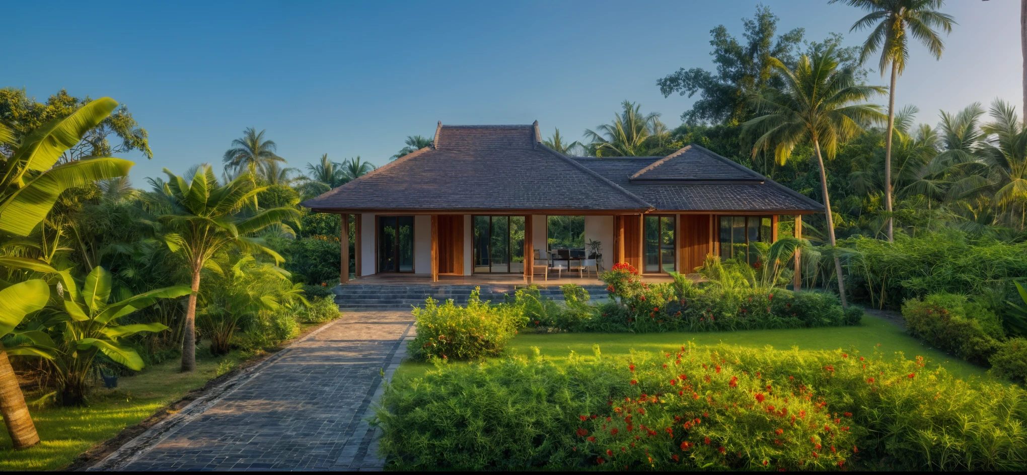 (masterpiece:1.2), best quality, photo of modern 1-storey house in countryside, white walls and local wood, large garden with many tropical trees and coconut trees, large garden, dark tiles sloping roof, vivid color, sunlight