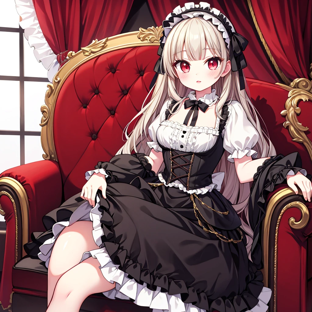 Baroque style, Goethe Lolita, Cute, 1 girl, alone, whole body, black sofa, Black skirt, Ridiculous, White lace, High resolution, Super detailed, most detailed, red lips