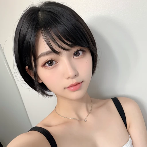 20-year-old women、Japanese、Beauty、The eyes are double、one piece、White Background、Beautiful Skin、Glossy Lips、Black short hair、whole body、Selfie
