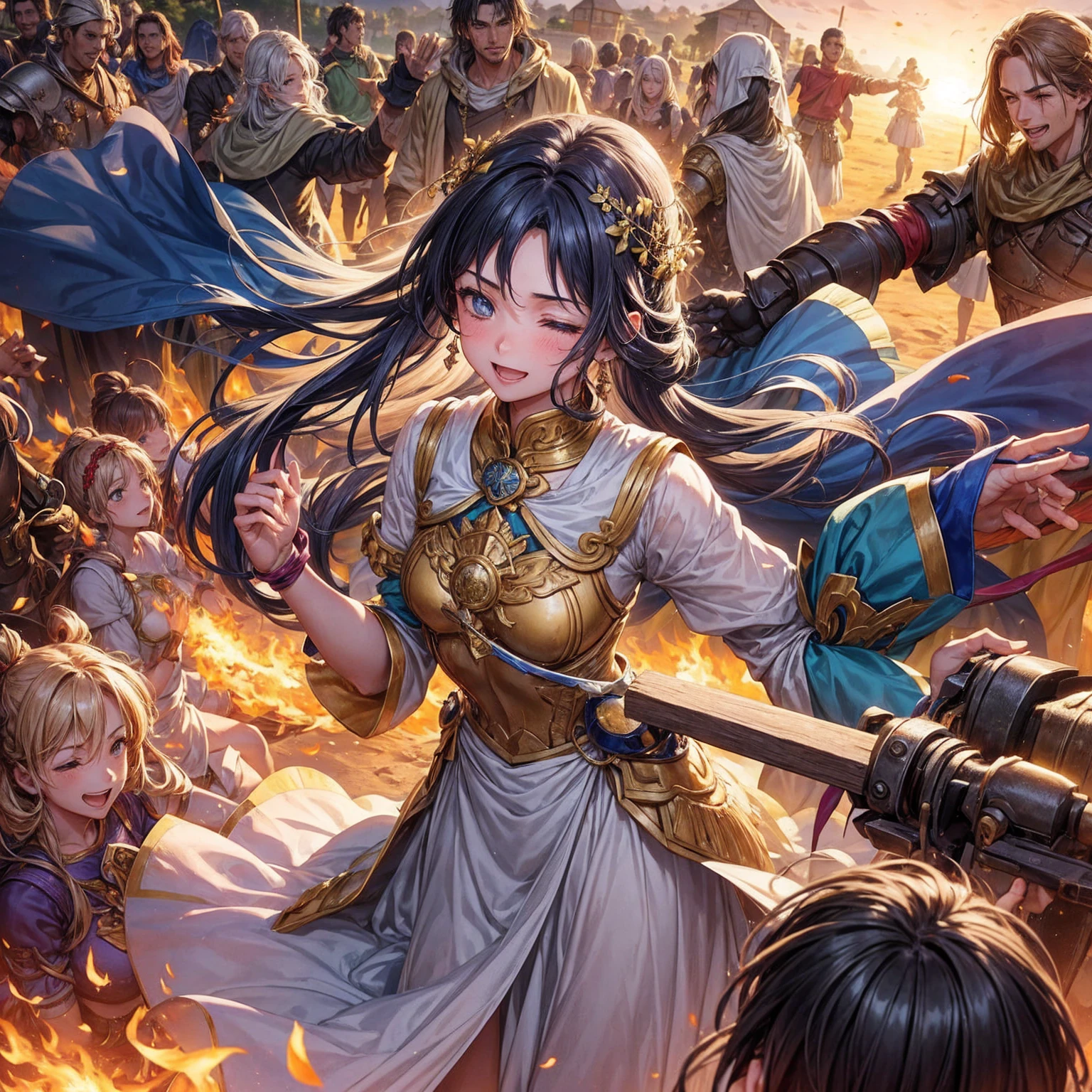 Capture the aftermath of the battle, showing the heroine being celebrated by her village. The villagers gather around her in a joyful scene, with smiles and expressions of gratitude. The heroine stands modestly, a few gentle flames still flickering around her as a sign of her new mastery. The village is bathed in the warm light of the setting sun, symbolizing peace and hope for the future.