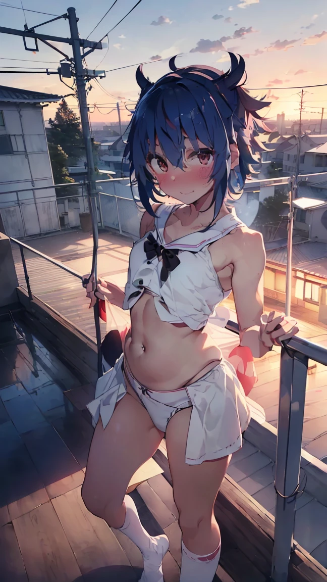 masterpiece, Highest quality, High resolution, Very detailed,(((Mikoto Naruka))), (((evening)))、(((laughing。)))、(((Standing in the distance))), (((Facing forward。))), (((White underwear))), (((electric wire))), (((Electric pole))), (((My belly is visible。))), (((Balcony))), (((handrail))), (((With the sun in the background))), (((Blushing。))), (((Wearing white socks。)))