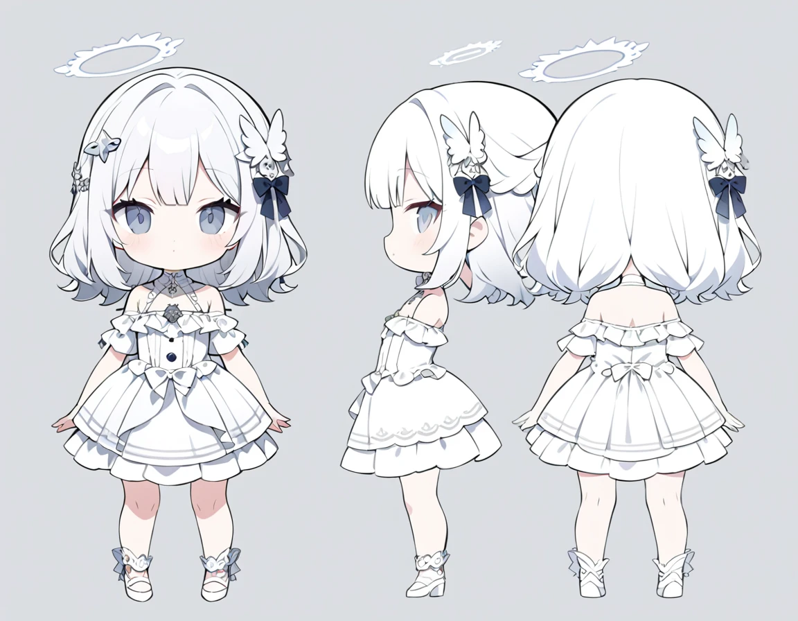 ultra-detailed, grey background, simple background, chibi, arms at sides, upright, concept art, solo, cowboy shot, full body, looking at viewer, Cute , Long white hair, Silver eye, Bare shoulder Lolita,White clothes, whole body, One person, Angel Hair Ornament