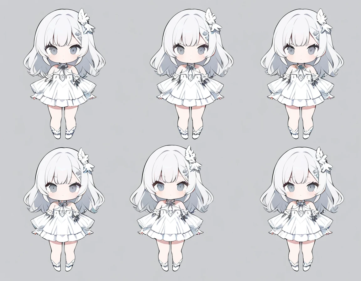 ultra-detailed, grey background, simple background, chibi, arms at sides, upright, concept art, solo, cowboy shot, full body, looking at viewer, Cute ,　Long white hair,　Silver eye, 　Bare shoulder Lolita,White clothes, whole body, One person,　Angel Hair Ornament