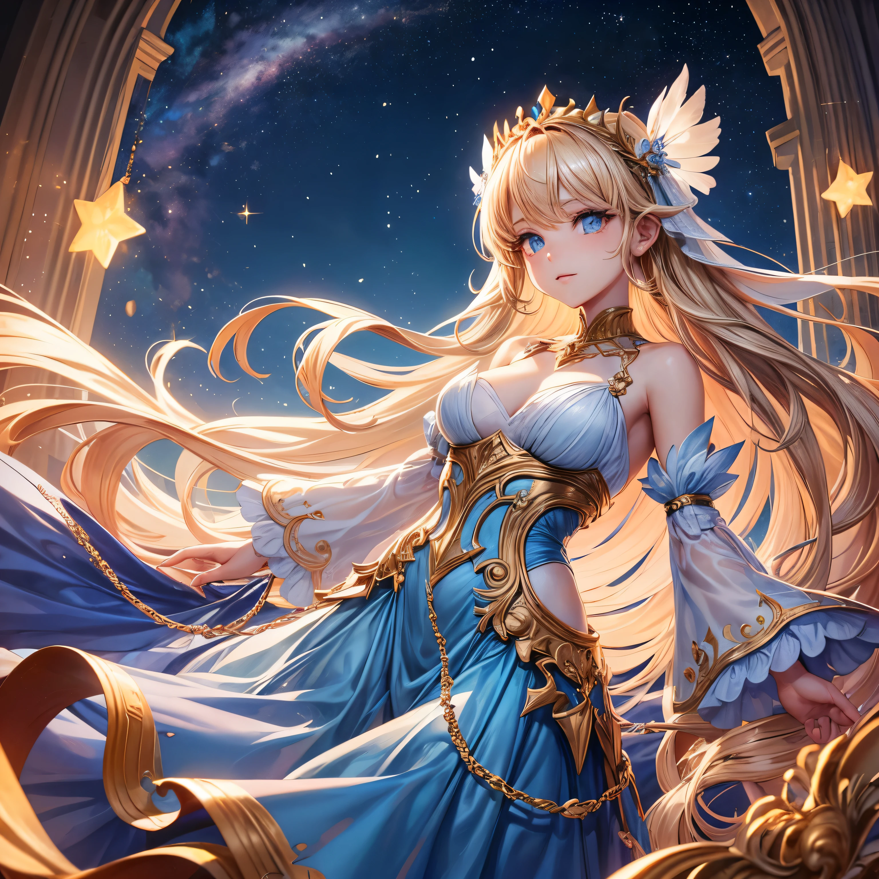 ( high qualiy , super verbose, Be careful with your hands )Goddess Constellation-Gemini , similar to Latin kindness , Twin goddesses , curious, skilled, mood, enticing, imaginative face , Sometimes unrealistic, Anxiety, Jumpy, careless style , lightbrown eyes , light blonde hair , Transparent robe , not windy sea , all-body , glamorous makeup ,