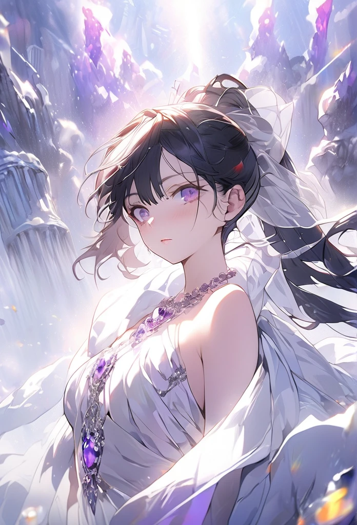 a beautiful woman with long dark blue hair in a ponytail, violet eyes with a cold and powerful gaze, wearing an amethyst crystal necklace and a cape,an overwhelming regal aura, (best quality, masterpiece:1.2),ultra-detailed,2d anime,digital art, highly detailed facial features, porcelain skin, dramatic lighting, cinematic composition, fantasy, elegant flowing dress, dramatic shadows, moody atmosphere, deep rich colors, anime version