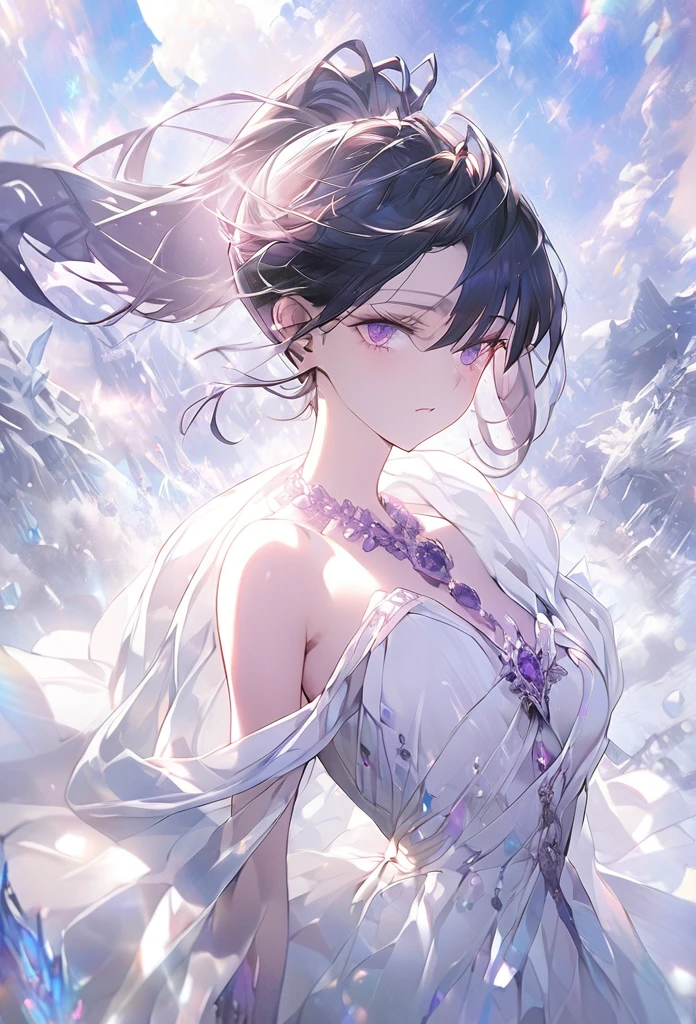 a beautiful woman with long dark blue hair in a ponytail, violet eyes with a cold and powerful gaze, wearing an amethyst crystal necklace and a cape,an overwhelming regal aura, (best quality, masterpiece:1.2),ultra-detailed,2d anime,digital art, highly detailed facial features, porcelain skin, dramatic lighting, cinematic composition, fantasy, elegant flowing dress, dramatic shadows, moody atmosphere, deep rich colors, anime version