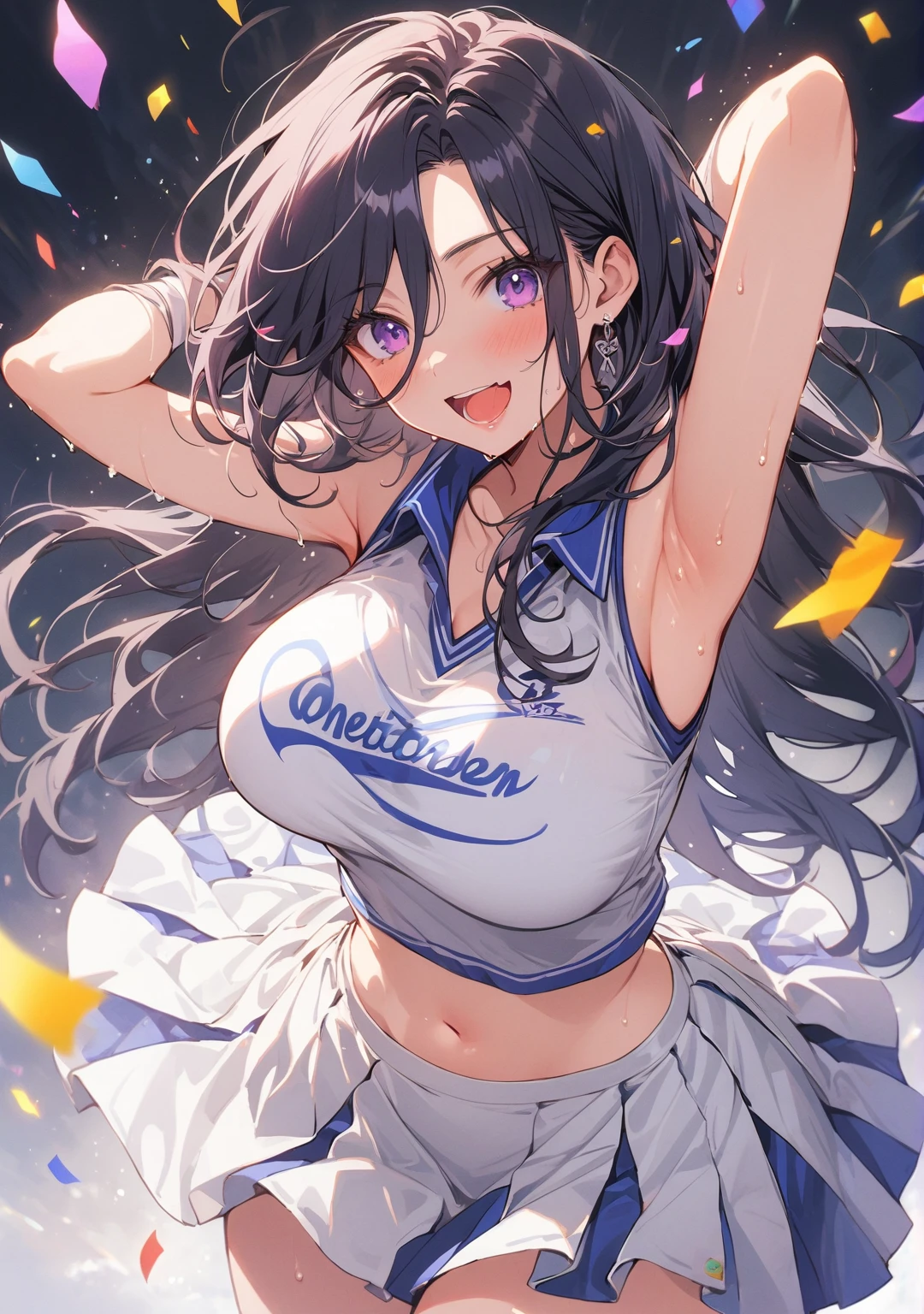 score_9, score_8_above, large breasts, 1 girl, Alone, solo, BREAK Clorinde, Genshin impact, dark blue hair, long hair, original hair style, bright purple eyes, \(CLOTHES\), alternate costume, cheerleader, blue and white uniform, pom-poms, Sweat, Gloss on lips, gleaming, sleeveless, stockings shiny oil, sports tennis shoes, bewitching thighs, white stockings, skin-tight, see-through navel, armpits, chest outline, shiny skin, \(BREAK\), joy look, Excited, open mouth, jump pose, front shot, middle shot, arms up, \(BREAK\), Dark background, flashes of lights of different colors, confetti from above, a heart as an expression