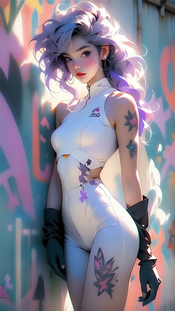 beautiful woman perfect thick thighs, with violet hair, she has no clothes, new, NUDE, sexy sensual realistic, graffiti wall as background