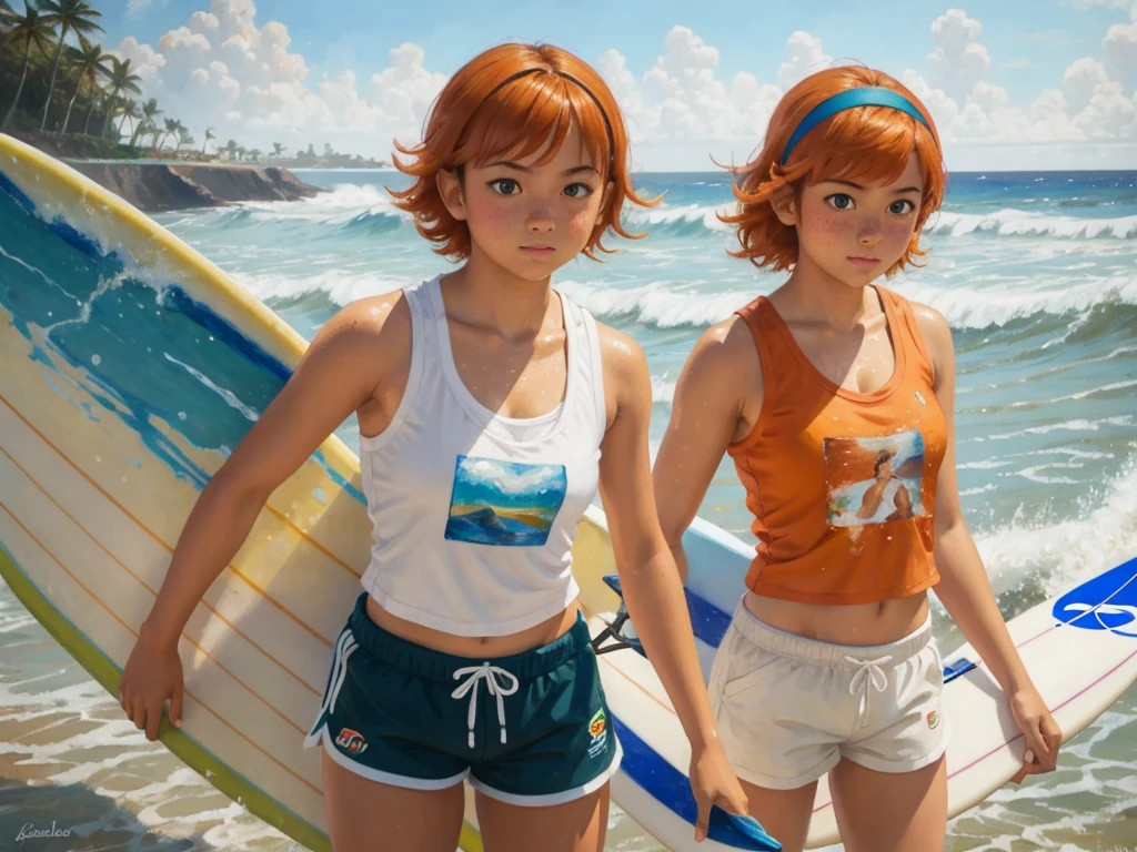 (surfing young girl, isabelmoner-smf, dora), (surfing on waves). (Hyper-realistic), Very short orange hair, Green eyes, freckles, white cute tanktop, Mini Shorts, Sport, sweaty, Average Breasts, aesthetics, ((oil painting)), (headband:0.75),(teal:0.2),(Orange:0.2), (by Jeremy Mann:0.5), (by John Constable:0.1),(by El Greco:0.5),(acrylic paint:0.75), 8K