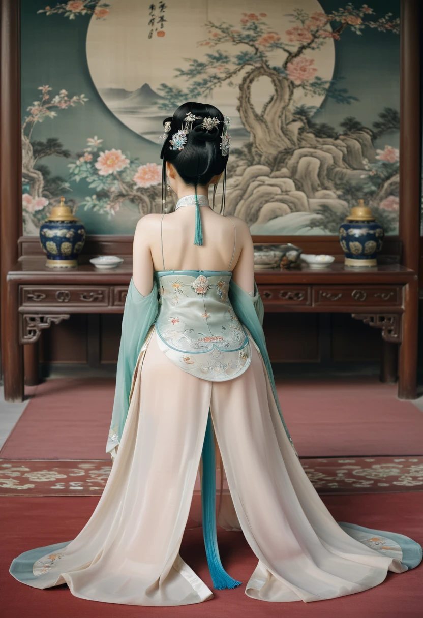 A side view of a Chinese empress on all fours, a close-up of her buttocks. In the background is the room of the empress in the Chinese palace of the Qing dynasty. She is on all fours, with both hands on her large buttocks, ?????, protruding thighs, open and touching the ground, she is not wearing underwear, and her protruding buttocks are floating up. Her hair was decorated with a large empress crown and large hair ornaments with flashy flowers. The back of the hair is tied up and up. ?????? Woman