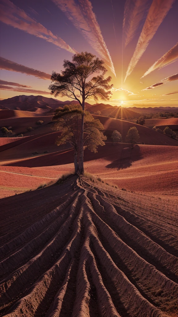 a surreal landscape with twisting trees, a bright red sun, and ripple purple mountains. Pls another colors