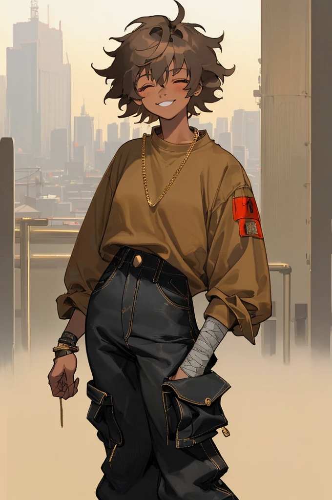 1female, tan skin, black short hair, messy hair, red baggy longsleeve shirt, black denim baggy pants, gold chain around pants, smilling, bandage on nose, cityscape background, closed eyes