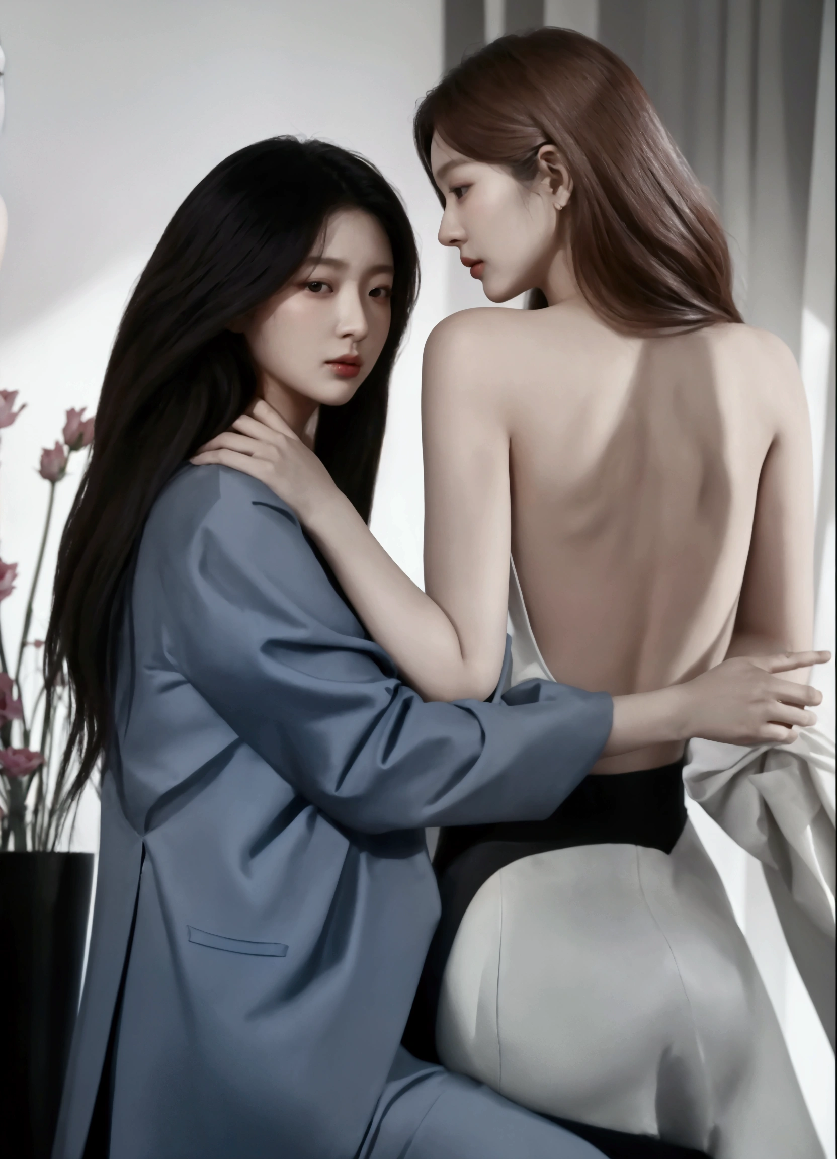painting of two women in a room with a vase of flowers, Spectacular painting, Lesbian Art, In the art form of the pond, Soft digital painting, two women, Style in digital painting, Inspiration from Kim Deuksin, โดย Jeong Seon, beautiful art illustrations, elegant digital painting, Digital art of elegance, digital art images, Digital Drawing Arts