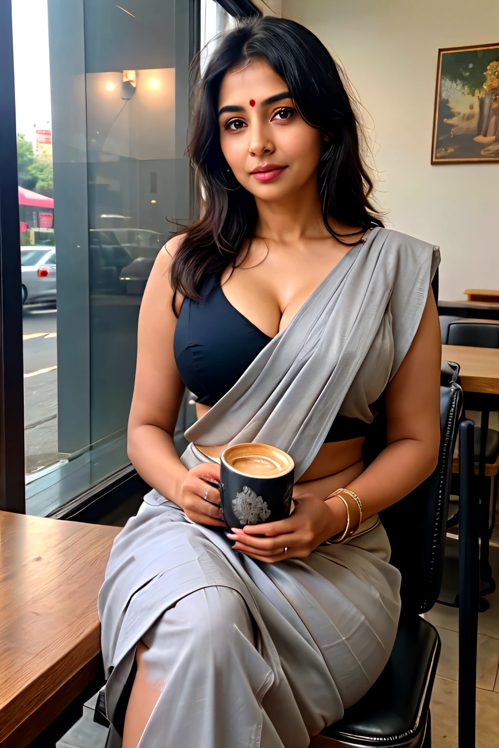 ((best quality)), ((masterpiece)), (detailed), Beautiful indian woman, thin saree, matured face , facial skin 40 year old woman,open grey black hair , sitting in coffee shop, holding a cup ,deep and big cleavage  ,mature woman ,old hot woman 