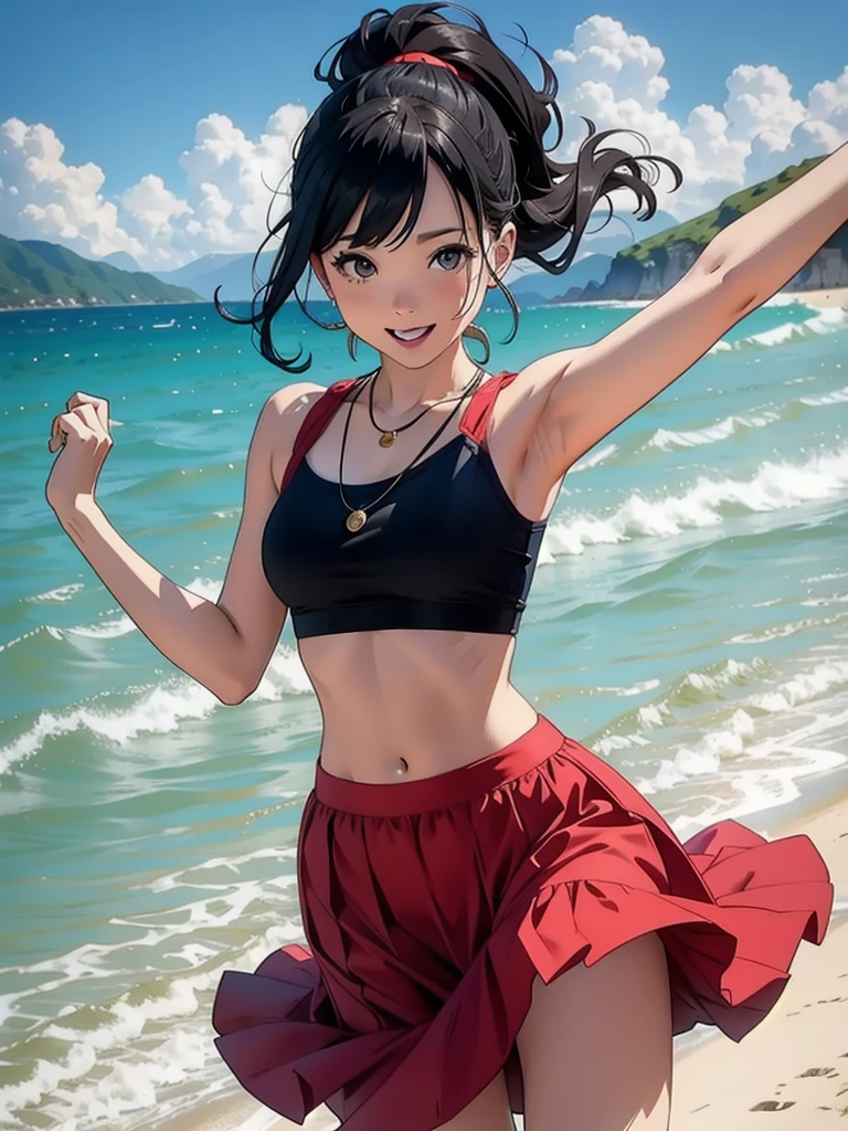 Long black hair, detailed eyes, flat chest, (superflat, flat shading, flat colors:1.1), (winter:1.2), (snow:1.2), (city street), (1girls), , , red bikini, (red bikini:1.2), blush, open mouth, (show tongue), selfie, view from below, (low angle), winter, snow, bright sunlight, vibrant colors, best shadows, watercolor,