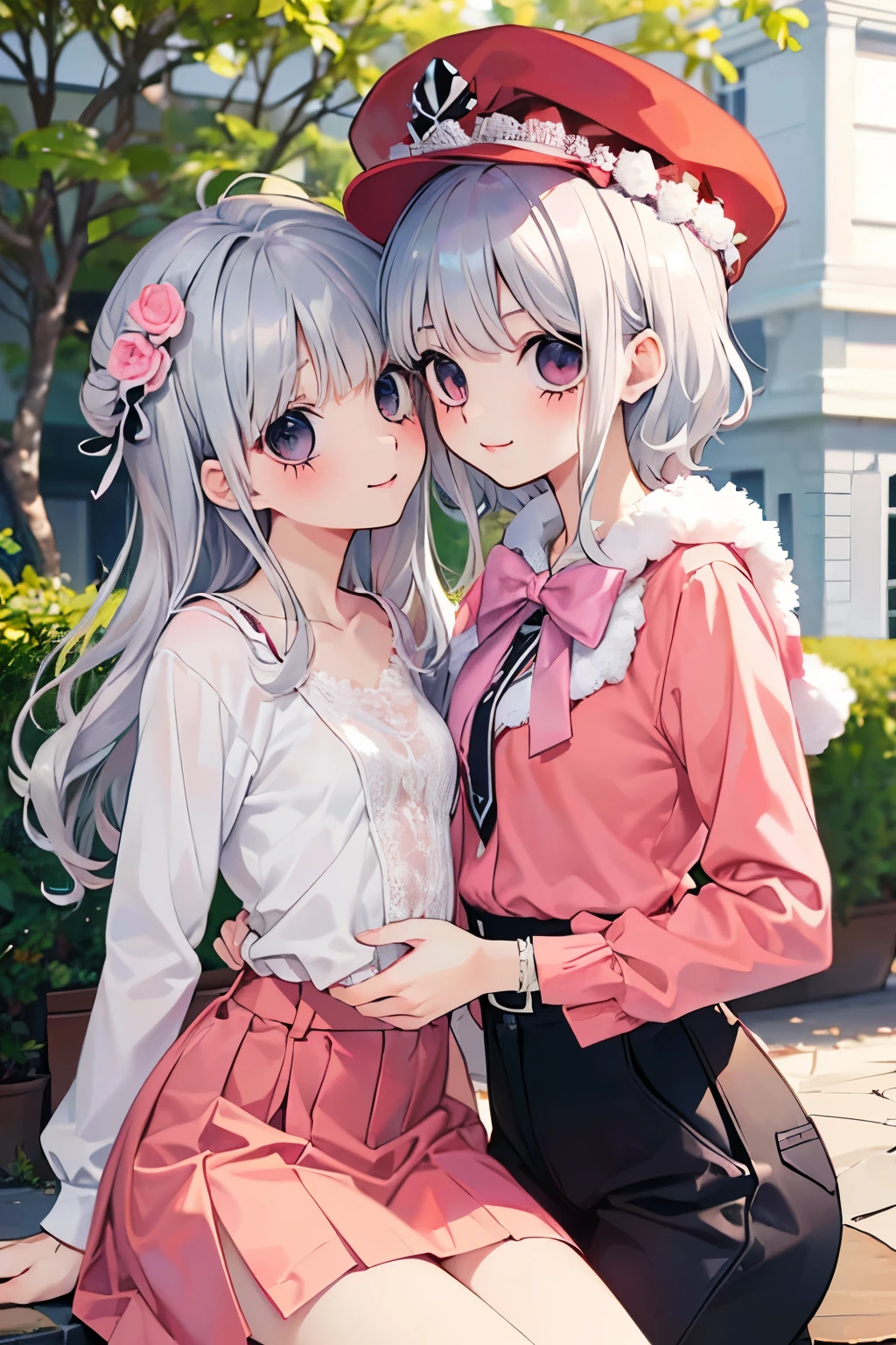 (beautiful cute men's:1.3),((silver hair:1.2)),(Medium wave hair:1.1),(love with it eyes:1.2),(princess:1.1),(coral pink cap:1.25),((lace blouse:1.2)),kiss Face,smile,(outdoor:1.25),(上からのアングル:1.1)