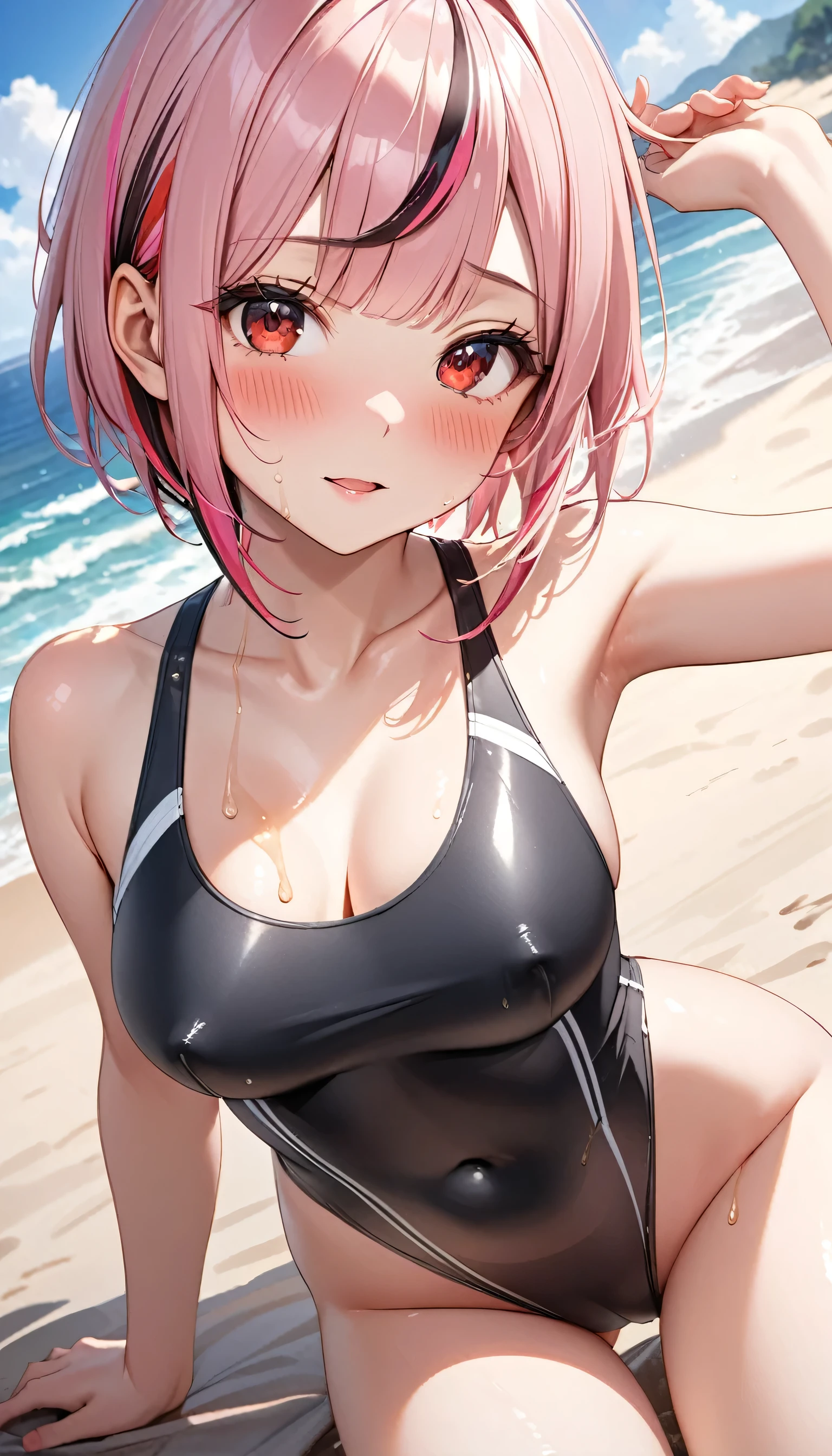 (masterpiece), (best quality), (ultra-detailed), (highest quality), (2.5D), (1 girl), very delicate facial expressions, erotic, only sexy woman, healthy figure, ((22-year-old woman)), 170cm tall, medium firm swaying breasts, (short hair), (pink hair:1.5), pink and salmon pink, ((streaked hair:1.9)), (highlights hair: 1.6), blunt bangs, red eyes, blush, (thin thighs), (camel toe:0.7), (visible nipples:0.7), (Erect nipples:0.9), (black competition swimsuit), shiny and lustrous, facing straight at viewer, (((in heat))), ((Oily_skin)), ((dutch angle)), ((erotic pose)), relaxing by the beach in midsummer