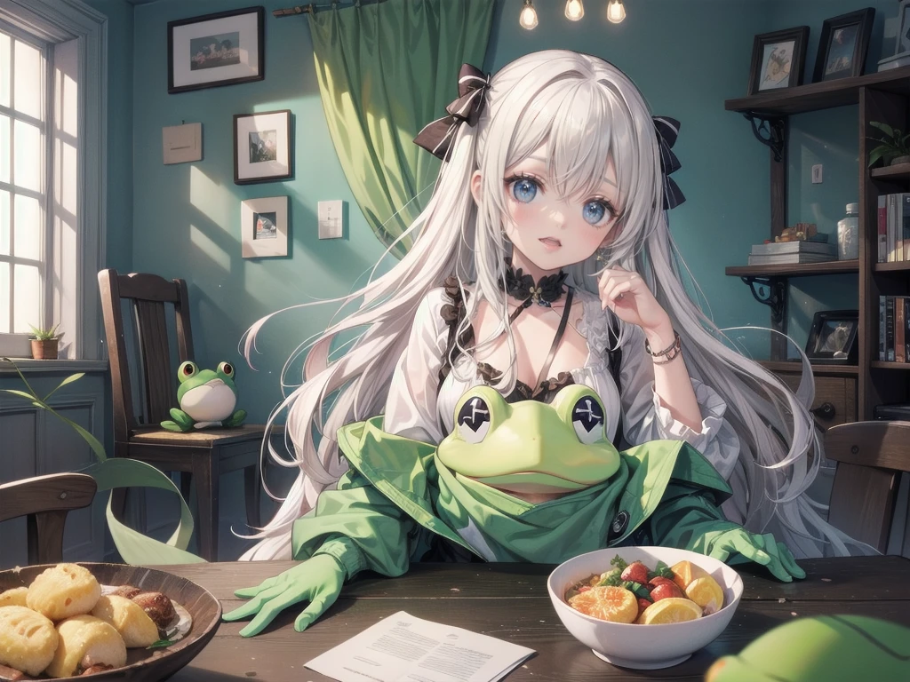 Attention to detail, Highest quality, 8k, [Super detailed], masterpiece, Highest quality, (Very detailed), 、Beautiful girl playing with a frog、Super deformed cute frog、A girl is being eaten by a frog、Girl holding a frog、