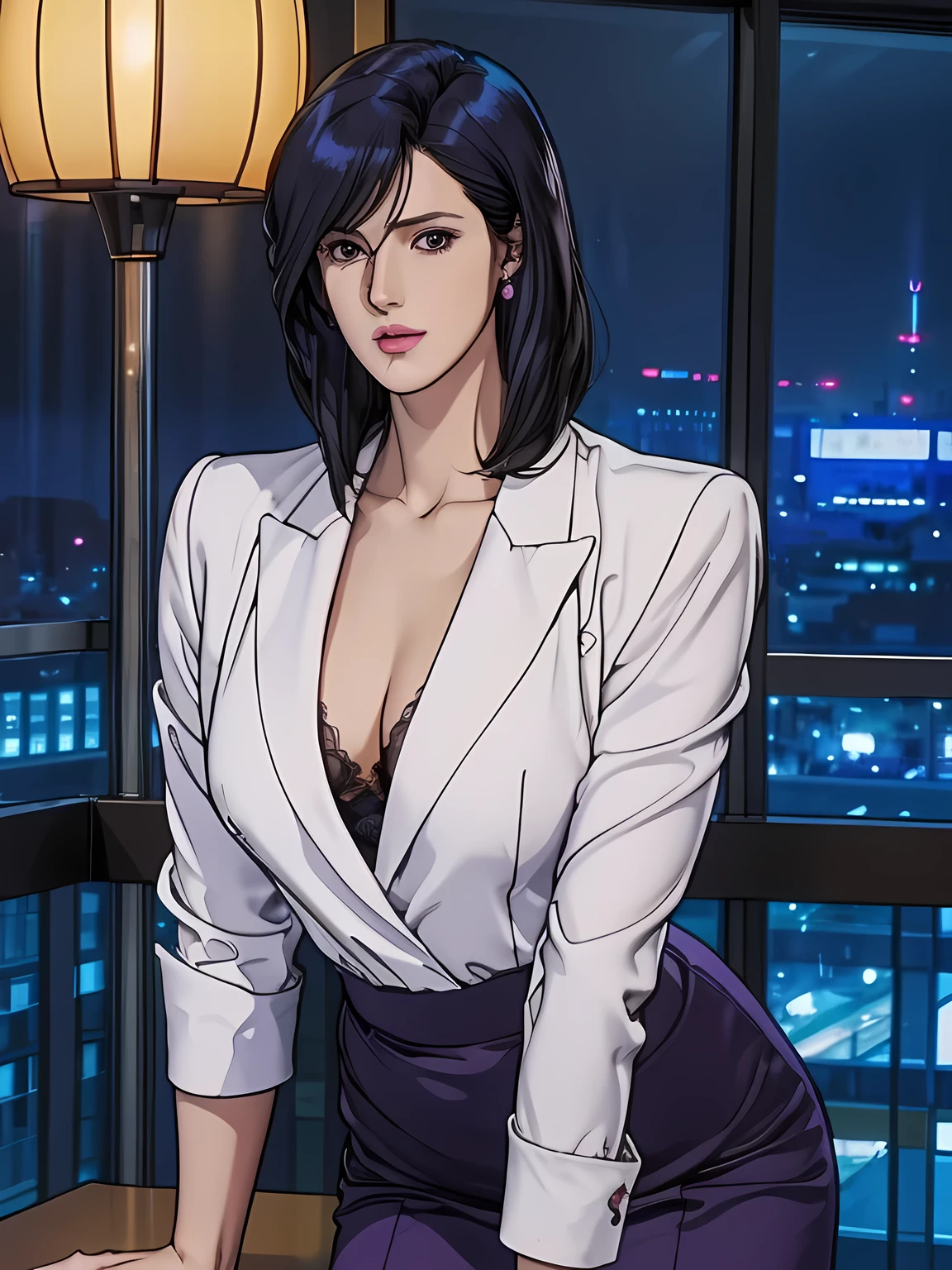 saeko city hunter, (masterpiece:1.3), ((Beautiful Face, A soft-looking face:1.15)), Purple collared shirt slightly open, Wearing white jacket, Dark purple pencil skirt with slit, Purple garter belt, Shiny straight shoulder-length Dark purple hair, Sweeping bangs between the eyes, extremely detailed eye and face, Sexy Body, (A little slimmer body:1.1), Captivating Body, (well-proportioned face, Perfect Face), Highlights in the eyes, Purple-black eyes, cleavage, Slightly thick thighs, Beautiful thighs, Sexy Butt, Exposed thighs, soft smiling, white skin, natural skin texture, Very perfect and beautiful face, depth of written boundary, awesome solo, Realistic texture, Realistic Skin, Whole body, Highly detailed CG, Super detailed, extremely detailed beautiful face, Extremely finely detailed, (night city, illuminations, night sky), atmospheric lighting, Captivating lighting, Beautiful collarbone, perfect style body, Perfect slim body, Sharp Face, long legs, skyscrapers, Accurate Fingers, HDR, (detailed beautiful eyes:1.1), High-definition RAW photos, (Huge breasts), (cool beauty), Earrings, Urban, Fascinating, lush colors,