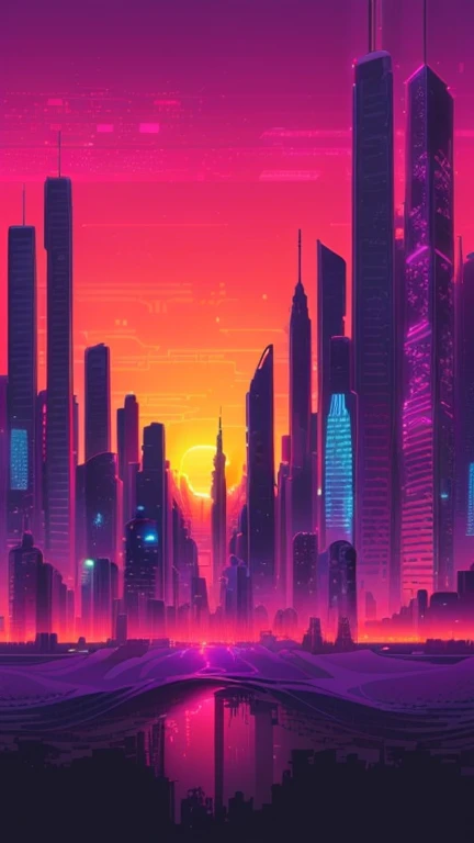 a city skyline with a sunset in the background, synthetic wave city, synthetic wave art, synthetic wave, synthetic wave art style, epic retrowave art, vaporwave city, synthetic wave sunset, ( ( ( synthetic wave ) ) ), retrowave art, beeple-style hybrid mix, flat synthetic wave art style, synthetic wave background, Retrowave Epic Art