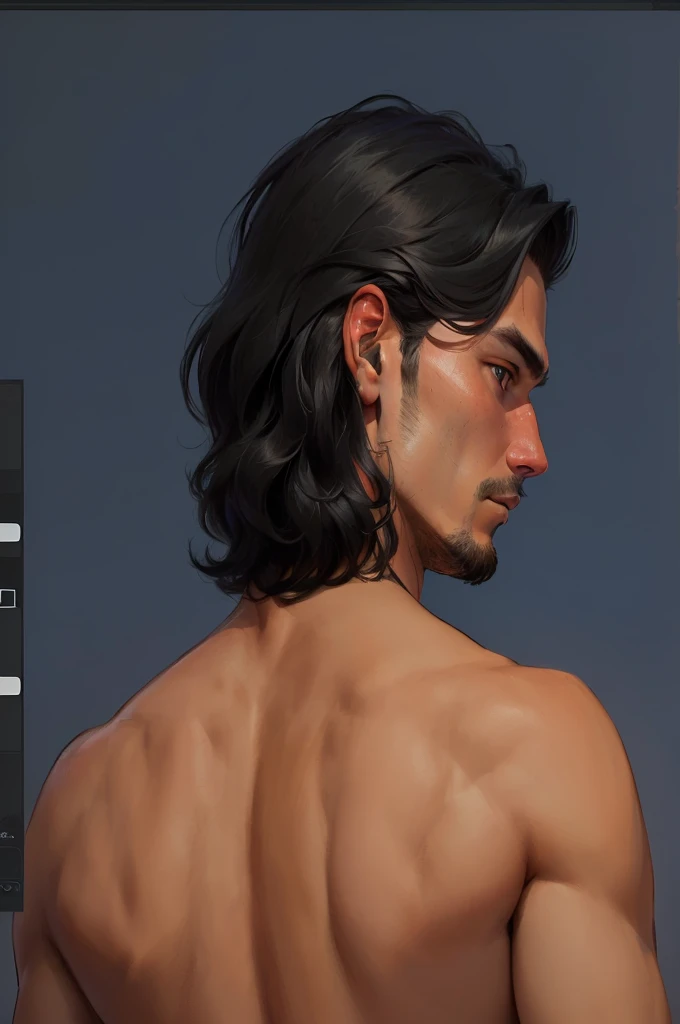 A man stands with his back, face profile visible, man from behind, big gray eyes, courageous face, long black hair