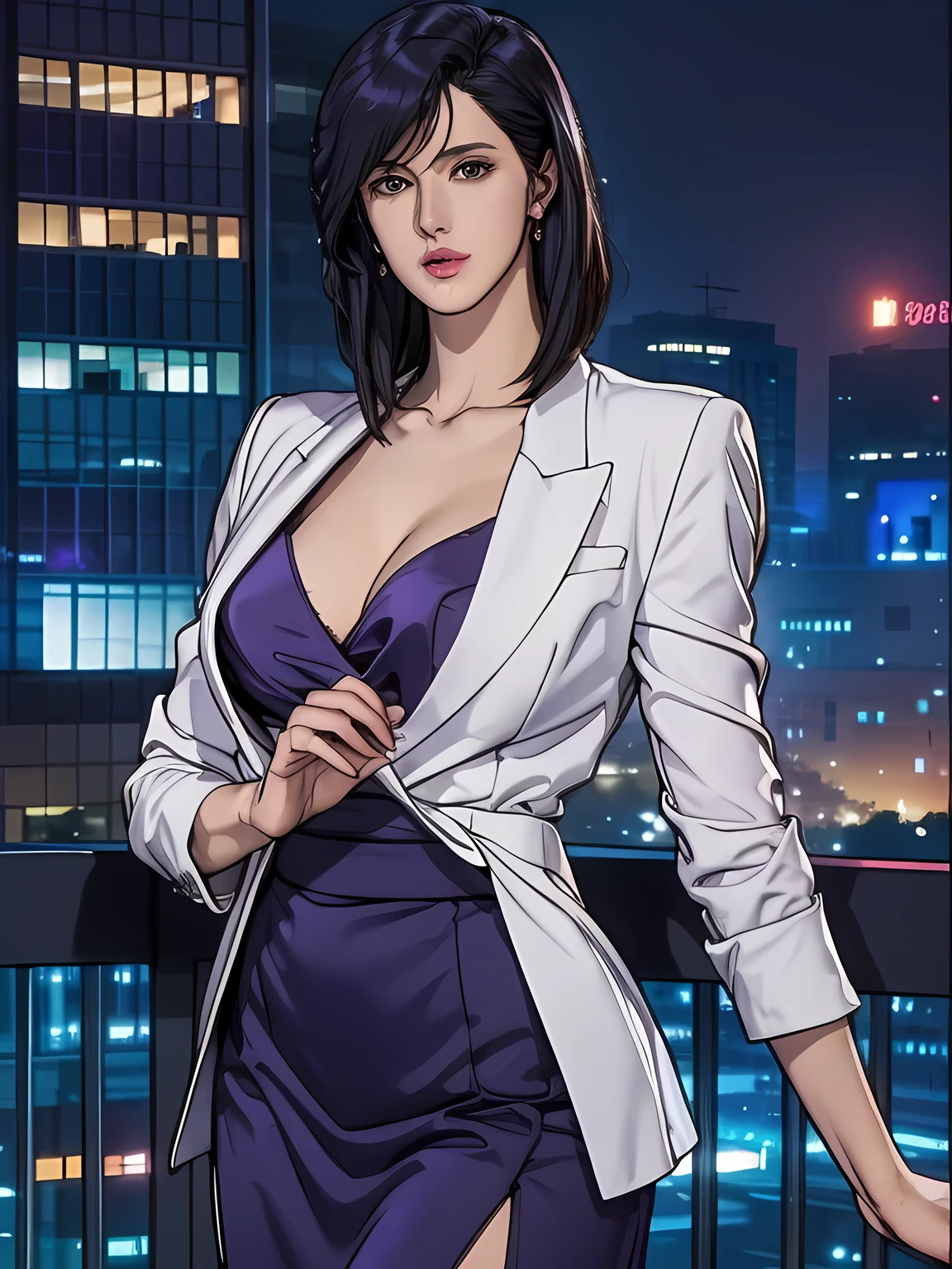 saeko city hunter, (masterpiece:1.3), ((Beautiful Face, A soft-looking face:1.15)), Purple collared shirt slightly open, Wearing white jacket, Dark purple pencil skirt with slit, Purple garter belt, Shiny straight shoulder-length Dark purple hair, Sweeping bangs between the eyes, extremely detailed eye and face, Sexy Body, (A little slimmer body:1.1), Captivating Body, (well-proportioned face, Perfect Face), Highlights in the eyes, Purple-black eyes, cleavage, Slightly thick thighs, Beautiful thighs, Sexy Butt, Exposed thighs, soft smiling, white skin, natural skin texture, Very perfect and beautiful face, depth of written boundary, awesome solo, Realistic texture, Realistic Skin, Whole body, Highly detailed CG, Super detailed, extremely detailed beautiful face, Extremely finely detailed, (night city, illuminations, night sky), atmospheric lighting, Captivating lighting, Beautiful collarbone, perfect style body, Perfect slim body, Sharp Face, long legs, skyscrapers, Accurate Fingers, HDR, (detailed beautiful eyes:1.1), High-definition RAW photos, (Huge breasts), (cool beauty), Earrings, Urban, Fascinating, lush colors,