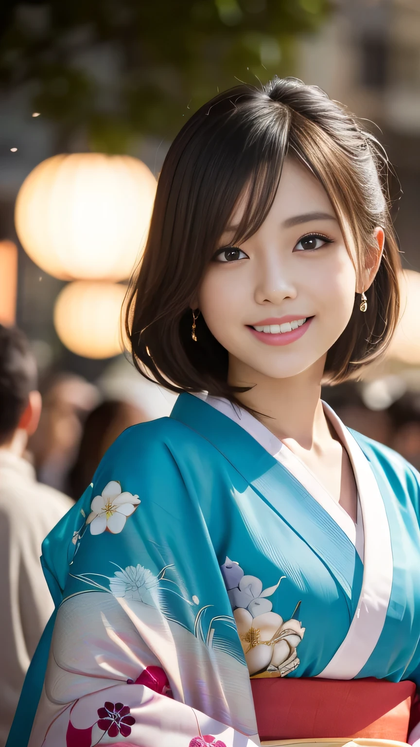 Looking at the camera,(((highest quality, 8k, masterpiece))), Sharp focus, (Beautiful woman with perfect figure), thin, (Hairstyle: upper)), ((kimono)), street, Highly detailed face and skin texture Detailed eyes Double eyelid Random pose, (smile),super cute Japan person,super beauty Japanese girl, Realistic Face, double eyelid,smile,Summer festival , At sunset , Beautiful Teeth , Fireworks Background.