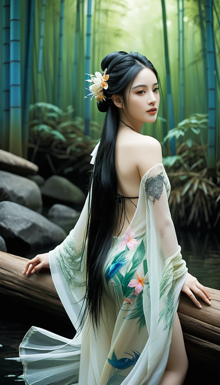 girl nude, little body, little breast, (((all body artistic painting fullcolors pastel))), wondefull yakuza tattoo work, multicolor hair, ((long hair pin with detailled decoration)), complex asian hairstyle, masterpiece, best quality, in bamboo forest, (((standing, all body)))
