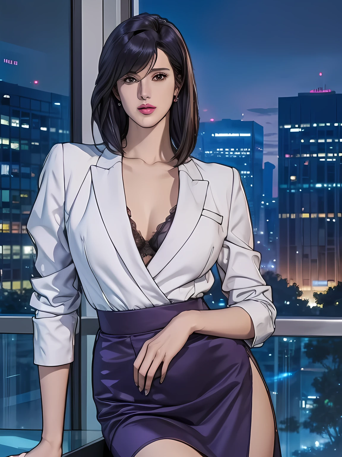 saeko city hunter, (masterpiece:1.3), ((Beautiful Face, A soft-looking face:1.15)), Purple collared shirt slightly open, Wearing white jacket, Dark purple pencil skirt with slit, Purple garter belt, Shiny straight shoulder-length Dark purple hair, Sweeping bangs between the eyes, extremely detailed eye and face, Sexy Body, (A little slimmer body:1.1), Captivating Body, (well-proportioned face, Perfect Face), Highlights in the eyes, Purple-black eyes, cleavage, Slightly thick thighs, Beautiful thighs, Sexy Butt, Exposed thighs, soft smiling, white skin, natural skin texture, Very perfect and beautiful face, depth of written boundary, awesome solo, Realistic texture, Realistic Skin, Whole body, Highly detailed CG, Super detailed, extremely detailed beautiful face, Extremely finely detailed, (night city, illuminations, night sky), atmospheric lighting, Captivating lighting, Beautiful collarbone, perfect style body, Perfect slim body, Sharp Face, long legs, skyscrapers, Accurate Fingers, HDR, (detailed beautiful eyes:1.1), High-definition RAW photos, (Huge breasts), (cool beauty), Earrings, Urban, Fascinating, lush colors,