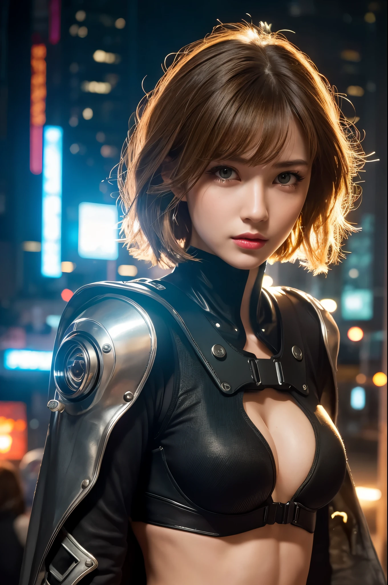 8k,Highly detailed illustration, Ultra-high resolution, masterpiece, Highest quality, Super Beauty,Skin with perfect radiance, Perfect lighting, Detailed lighting, Dramatic Shadows, Ray Tracing, 1 beautiful Caucasian woman, Looking at the audience, Very large breasts, Beautifully detailed hazel eyes, Sharp Face, Clear Eyes, Red lips, Long Bangs, Short Curly Hair, blonde, ((Cyberpunk Dark City)), Upper Body, Combat Uniform, Military Harness, ,masterpiece,Highest qualityのフォトリアリスティックなRAW写真。Bright colors,Rich colors, Backlight, Cinema Lighting, Film Grain, 50mm lens, Nikon D850,Detailed character art,Fantasy art,Ultra-high resolution,Ultra-Realistic Skin,Perfect hand shape,ダイナックなFightingポーズ,Knife action,Metal Armor,Fighting,