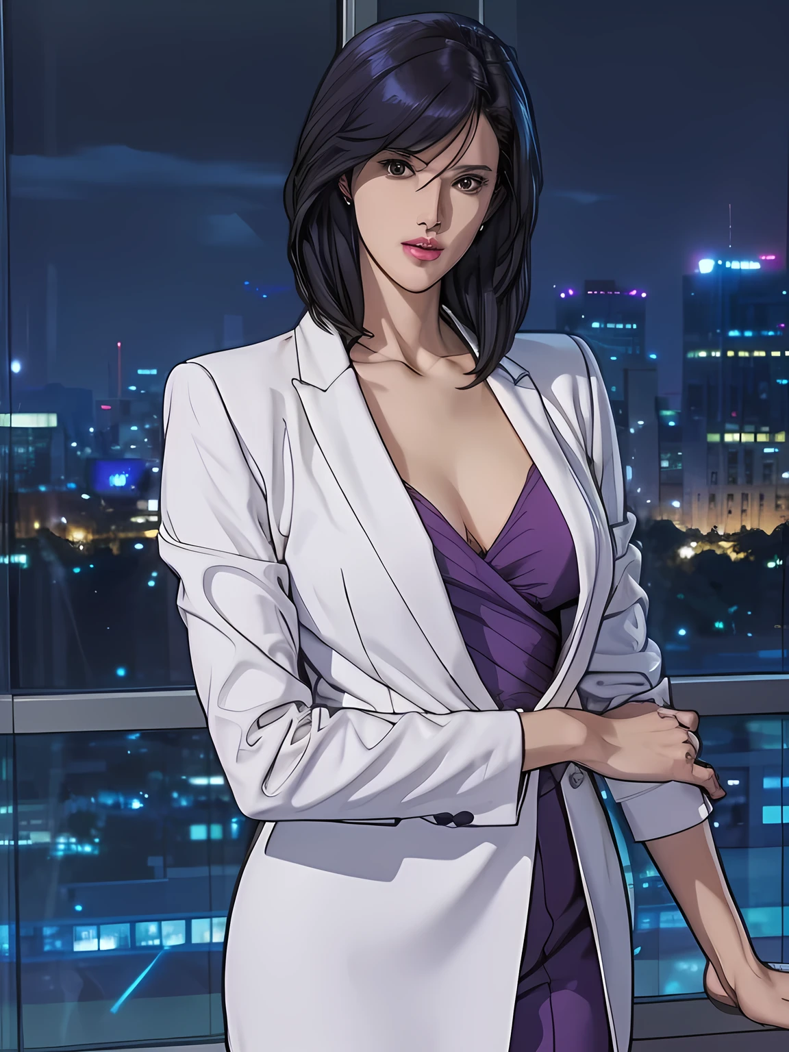 saeko city hunter, (masterpiece:1.3), ((Beautiful Face, A soft-looking face:1.15)), Purple collared shirt slightly open, Wearing white jacket, Dark purple pencil skirt with slit, Purple garter belt, Shiny straight shoulder-length Dark purple hair, Sweeping bangs between the eyes, extremely detailed eye and face, Sexy Body, (A little slimmer body:1.1), Captivating Body, (well-proportioned face, Perfect Face), Highlights in the eyes, Purple-black eyes, cleavage, Slightly thick thighs, Beautiful thighs, Sexy Butt, Exposed thighs, soft smiling, white skin, natural skin texture, Very perfect and beautiful face, depth of written boundary, awesome solo, Realistic texture, Realistic Skin, Whole body, Highly detailed CG, Super detailed, extremely detailed beautiful face, Extremely finely detailed, (night city, illuminations, night sky), atmospheric lighting, Captivating lighting, Beautiful collarbone, perfect style body, Perfect slim body, Sharp Face, long legs, skyscrapers, Accurate Fingers, HDR, (detailed beautiful eyes:1.1), High-definition RAW photos, (Huge breasts), (cool beauty), Earrings, Urban, Fascinating, lush colors,