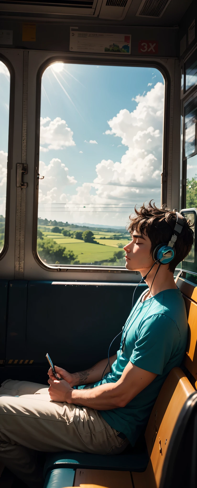 A young man, lost in thought, rides a bus under a sky dappled with clouds. Wearing headphones and a slightly wrinkled shirt, he appears deeply absorbed in his music, his eyes closed as he leans back in his seat. Sunlight streams through the windows, casting a serene glow on his face and the bus's interior. The world outside blurs into a mix of greens and blues, suggesting a peaceful countryside journey. Write a scene that explores his thoughts and emotions during this moment of quiet reflect