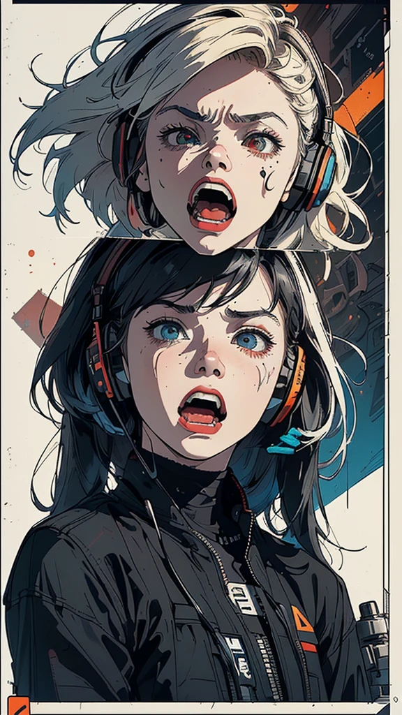 (((masterpiece, highest quality))),(((solo:1.2))),(((1girl:1.2))),32k wallpaper, very detailed, poster, vintage science fiction,(((((geometric cinematic movie poster))))), ((bauhaus)),(shape),(((abstract))),(mid century modern),(((((portfolio))))),(((((Close-up))))),(((((bust up))))),((((more various angle)))),((((highlight)))),((((heterochromia)))),(((complete. detailed face))),((((Extremely talented)))),(((((most complecated futristic machine))))),(Colorful color scheme),(((detailed unlimited complete equipment : headphone like a rail gun))),(((((Absolutely simple background))))),(((Texture for people : grunge))),(((((open mouth amazing wide))))),(((((SCREAM))))),((((rage,fuly))))