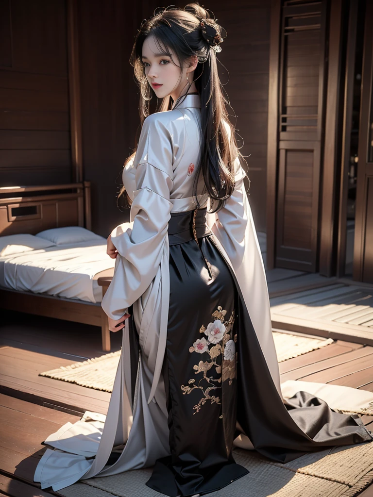 ((best quality)),((excellent quality, 8K, master piece: 1.5)), The pubic area is clear: 1.4, perfect body beauty: 1.4, sexy hanfu clothes,sexy hanfu clothes,I can see your pants,gray hair,wet skin, sleeping in bed,back stance,pointed ass,round butt,pointed ass,Raise your ass,film texture,