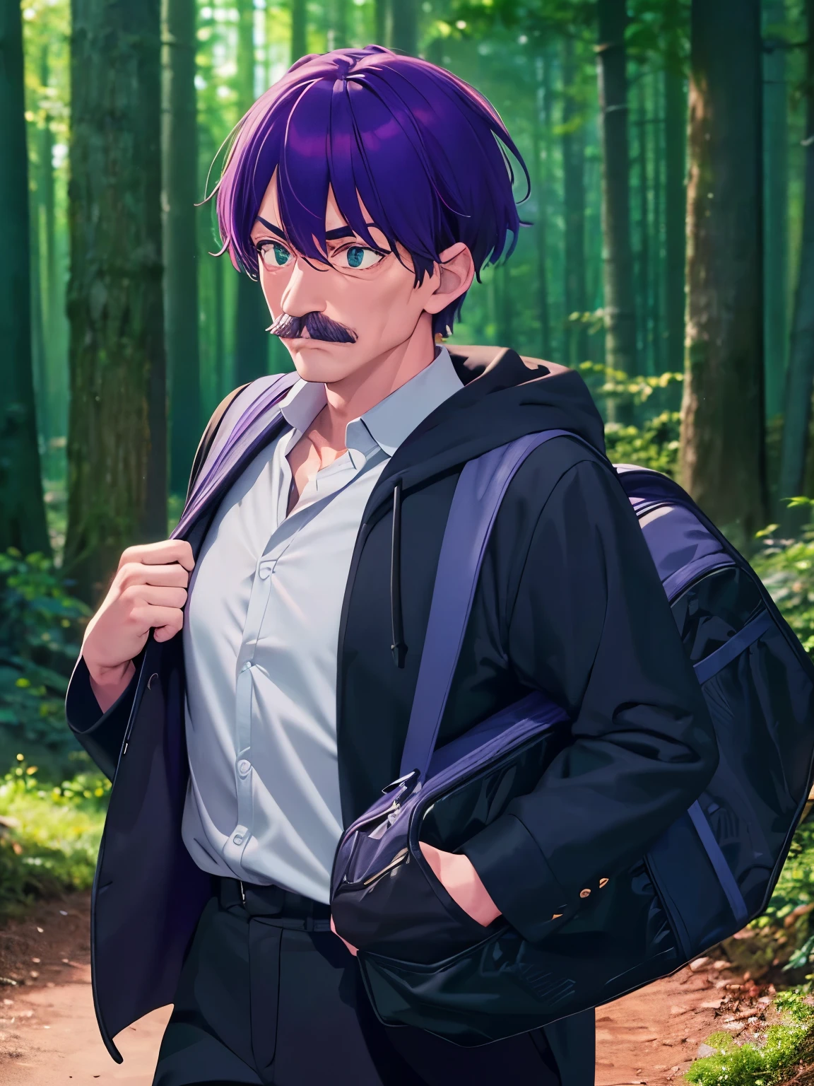1 old man, 70 years old,Carrying a big bag,Walk in the forest,purple hair,short hair, green eyes, purple mustache,black hoodie, black trousers,,ultra detail, ultra HD, standing,Thin body, close up photo, Hands on chest