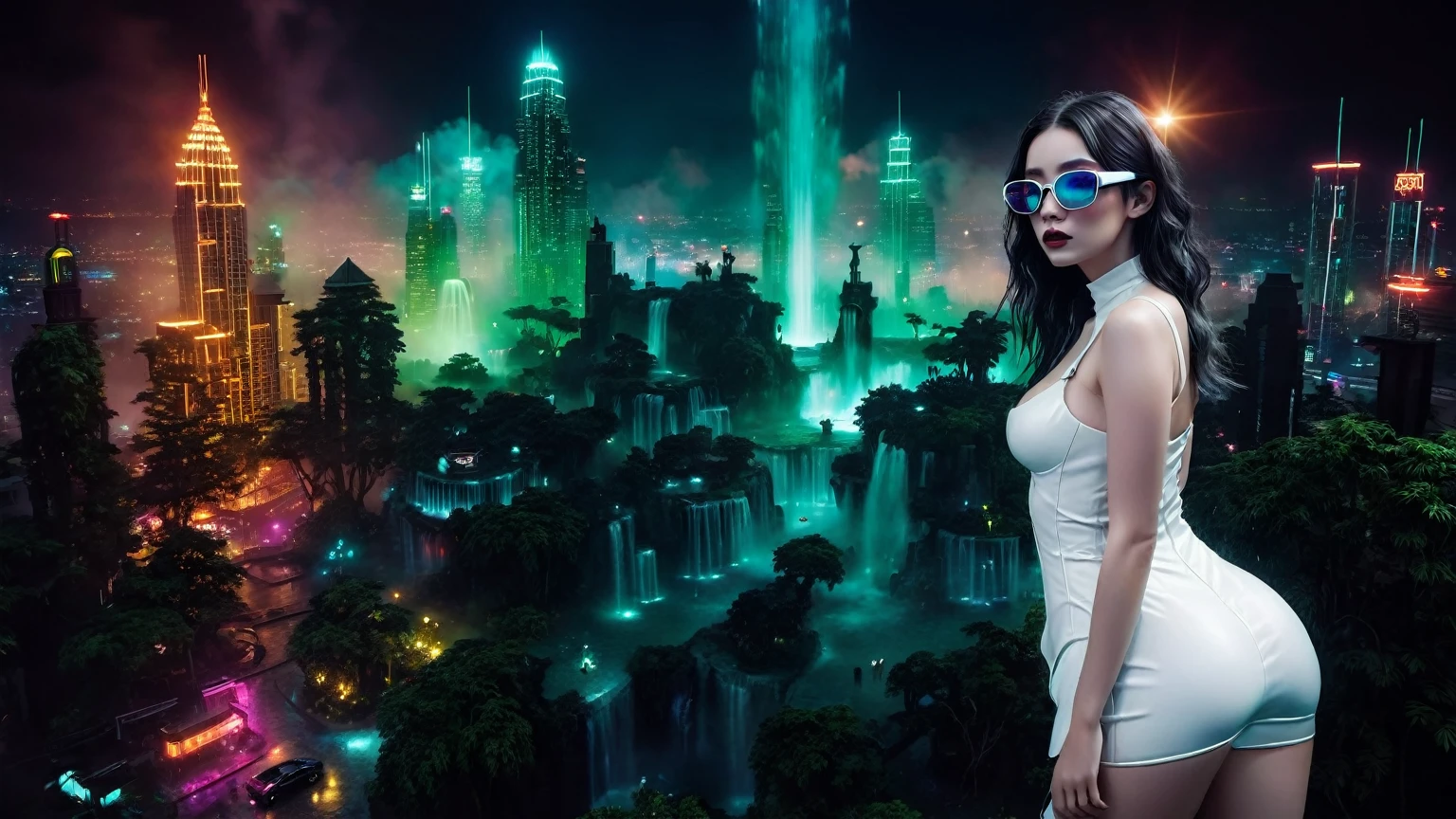 At night, aerial view of a mysterial sky garden, horror dark statue, a holographic cyberpunk city in the background with flying vehicle, fountain, waterfall, atmospheric fog, Matrix style, (1girl, solo), large-breast:1.3 D-cup slim:0.9 body, cleavage:1.3, seductive costume, (mini VR sunglasses), (((holding a pistol))), standing, half-body thigh level medium shot, depth of field, cinematic lighting, ray tracing.