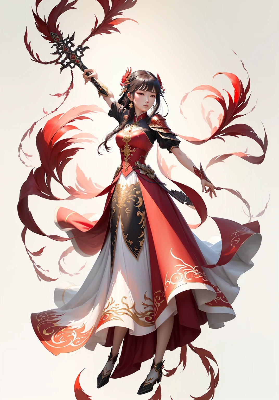 A woman in a red dress、Close-up of woman holding sword, Full body fairy, author:Yang J, Inspired by Du Qiong, G Liulian art style, Inspired by trees, Inspired by Ju Lian, Epic and beautiful character art, bian lian, by Qu Leilei, Inspired by Fenghua Zhong, Beautiful fantasy queen