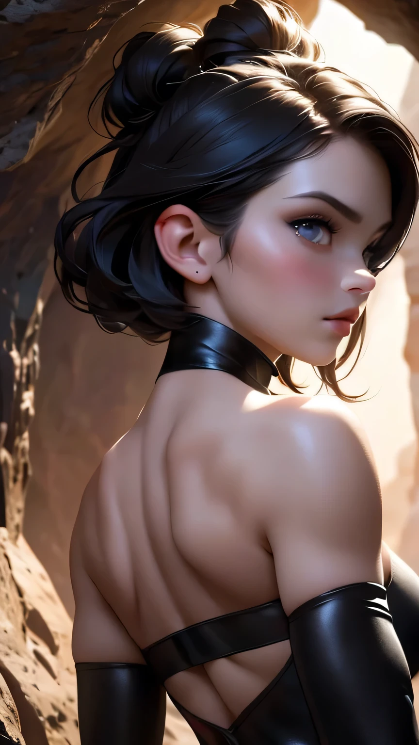 +18, un ninja , cara bonita, cara seria, pelo corto, ojos verdes, cuerpo perfecto, Cuerpo en forma, abdomen, (((pechos grandes))), muscular, totalmente desnuda, naked body, collar de esclava