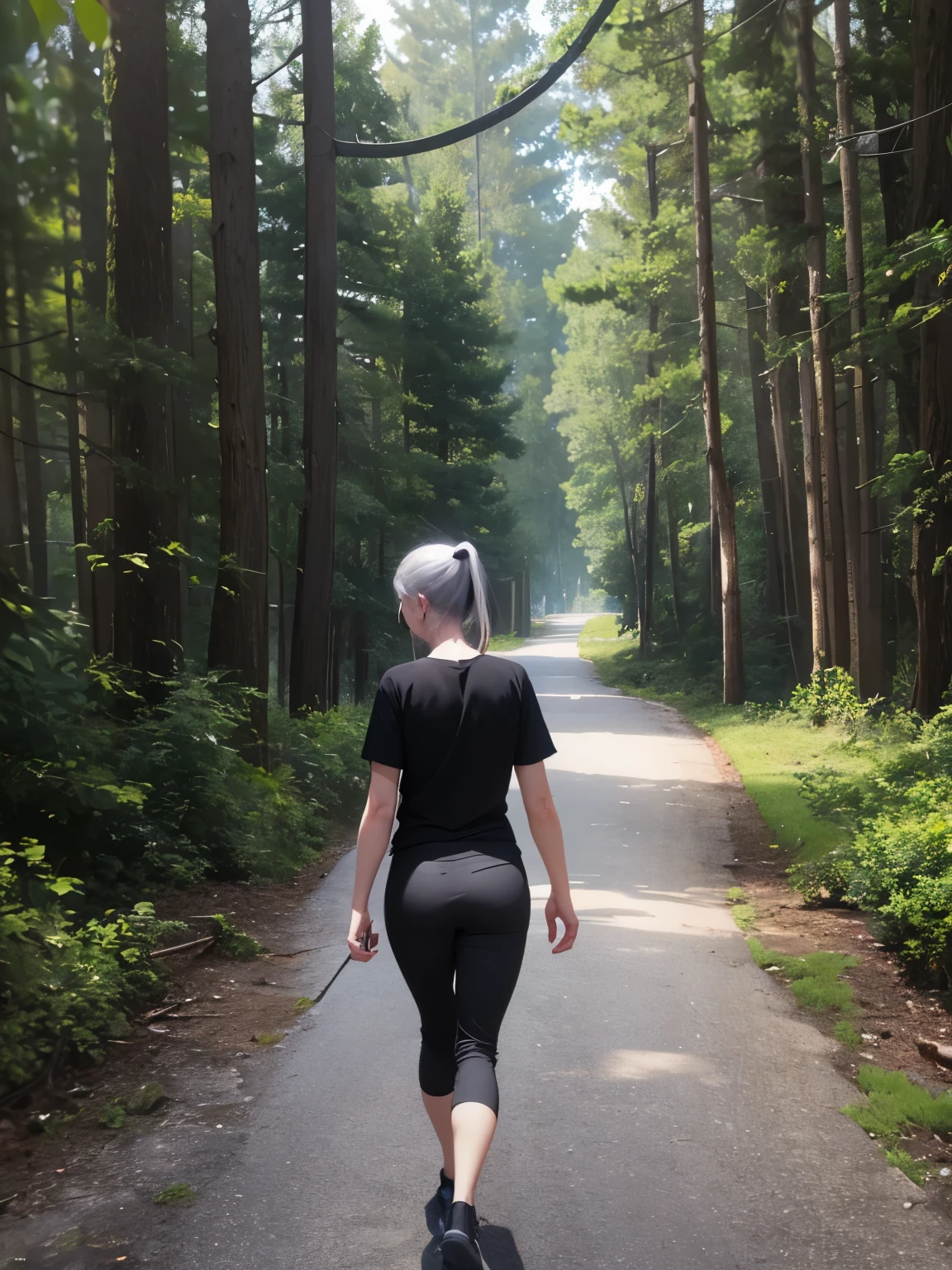 1old woman,white skin,50 years old,solo,Narrow eyes,grey hair, medium hair,ponytail,Short black t-shirt,black t-shirt, black t-shirt,grey trousers,,walking in forest, full body photo,Facing backwards, camera angle from behind, photo from behind, looking away 