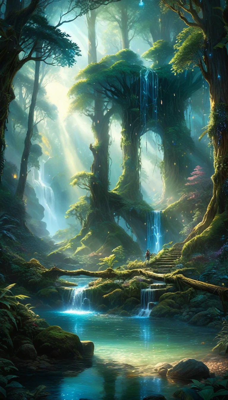 enchanted forest at twilight, ethereal light filtering through ancient towering trees, vividly detailed lush undergrowth, mystical creatures lurking in the shadows, sparkling fairy lights weaving through the foliage, a crystal-clear stream with water so pure it glows, cascading waterfall in the background with magical properties, fantasy wildlife drinking at the water's edge, highly detailed, photorealistic textures on every surface, soft diffused lighting creating a serene atmosphere, high dynamic range, ultra HD 8K resolution, depth of field emphasizing the magical focus points, art by Thomas Kinkade and Roger Dean, immersive, otherworldly beauty captured in cinematic quality, girl standing from afar